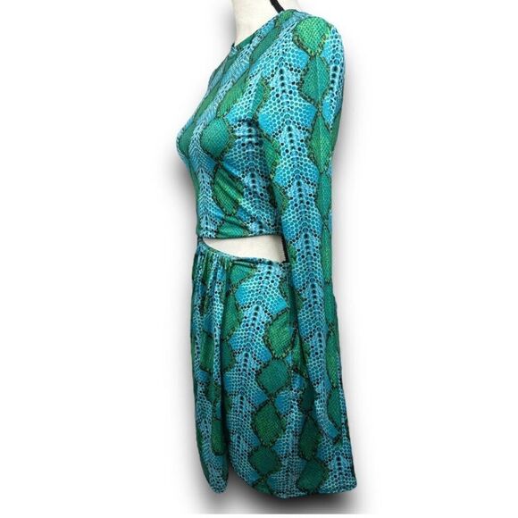 AFRM Snakeskin Print Cutout Bodycon Mini Dress Long Sleeve Blue Green - Picture 3 of 4